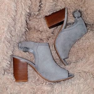 Grey Open Toe Wooden Chunky Ankle Booties Heel S7